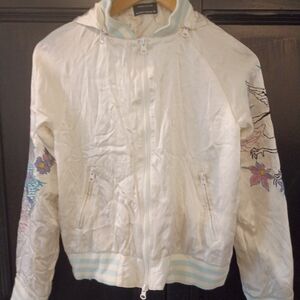 Women’s White Embroidered Hooded Bomber Jacket